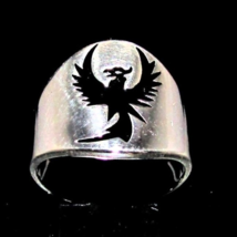 Sterling silver ancient symbol ring Phoenix Fire Bird in Black enamel high polis - £55.94 GBP