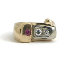 Authenticity Guarantee 
Vintage 1940&#39;s Diamond Ruby Two-Tone Buckle Ring... - £939.72 GBP