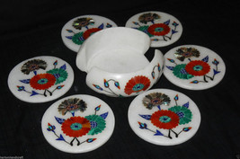 Marble Coffee Tea Coasters Set Malachite Paua Shell Carnation Inlay Home... - $270.40