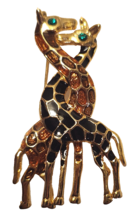 Giraffes Brooch Pin 2 Giraffes Black Brown Enamel Gold Tone Rhinestone Eyes - £8.93 GBP