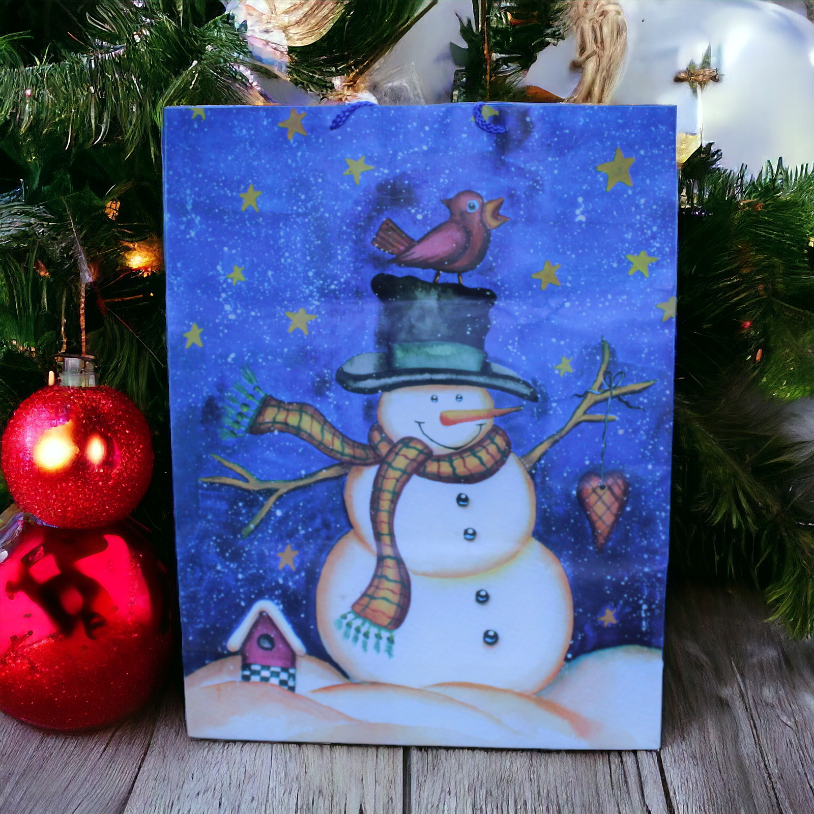 Voila Greenbrier International Large Snowman Christmas Stars Gift Bag 16x21x6 - $12.86