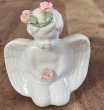 Vintage White Porcelain Cherub with Flower Halo Angel Figurine Kneeling ... - $13.00