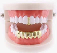 18k Gold Plated Pave CZ Gap Grillz Teeth Top and 6 Lower Bottom 2pc Set - £11.24 GBP