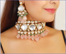 VeroniQ Trends-Party Wear Kundan Choker Necklace with Pink Beads-Bridal-Wedding - £102.29 GBP