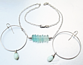 Sterling Silver SEA GLASS Necklace &amp; Large Hoop Earrings Vtg Set - $19.75