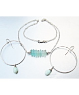 Sterling Silver SEA GLASS Necklace &amp; Large Hoop Earrings Vtg Set - $19.75