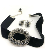 Teahan K. Black Velvet Choker w/Silver Wire/Beaded Adornment &amp; Earrings NEW - £11.15 GBP