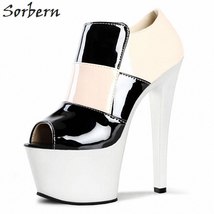 17Cm Chunky High Heels Peep Toe Women Pumps Black And White Platform Shoes Summe - £148.66 GBP