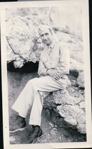 Vintage Soldier Posing On Rocky Area Snapshot WWII 1940s - £3.97 GBP