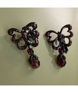 Avon Gunmetal Red Purple Rhinestone Butterfly Crystal Dangle Clip Earrings - £4.89 GBP