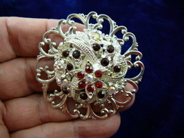 (br-139) Red rhinestones crystals flower silver tone filigree love brooch pin - £25.31 GBP
