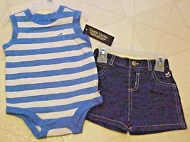 Summer Baby Outfit 3-6 Month Blue White Striped Romper &amp; Denim Shorts Se... - $8.86