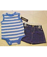 Summer Baby Outfit 3-6 Month Blue White Striped Romper &amp; Denim Shorts Se... - £7.07 GBP