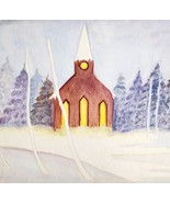 1960s Folk Art Original Watercolor Painting Winter Church Snowy Landscap... - $95.72 CAD