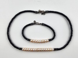 JWL Pink Pearl Braided Leather Choker necklace &amp; bracelet set Sterling s... - £31.60 GBP