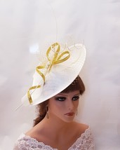 WHITE HAT Fascinator Long Quill Feather French Nett. White &amp; GOLD Swril Hatinato - £55.05 GBP