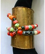 Fabulous Wide Boho Gold-tone Brass &amp; Glass Art Bead Cuff Bracelet 1980s ... - £15.14 GBP