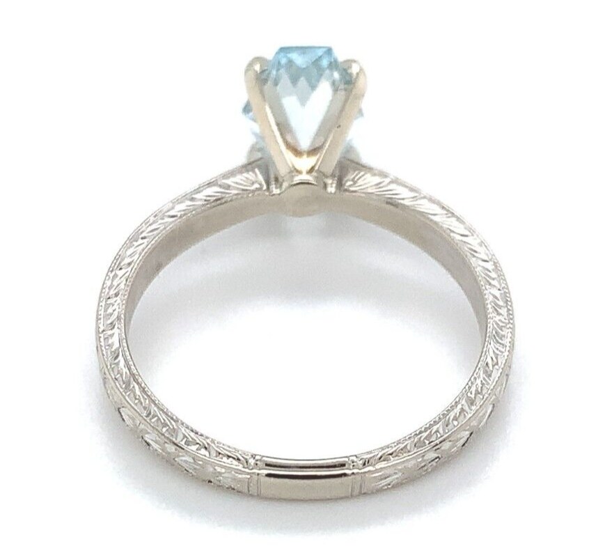 14k Gold Ring w/ Specialty Cut Genuine Natural Aquamarine Hand Engraved (#J6547) Item image 5