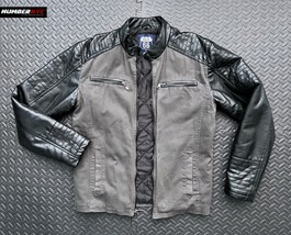 Route 66 Biker Motorcycle Jacket Grey Denim &amp; Black Leather Coat SMALL Men S Zip - £63.15 GBP