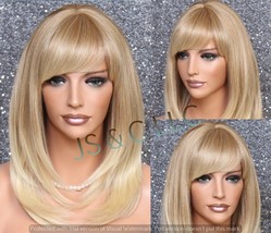 Human hair Blend Wig Face Framing Razor Cut Blonde mix Heat OK Full Bang... - $89.95