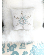 Beaded Throw Decorative Pillow Aqua Sea Blue White  Rhinestone Bling - $18.99