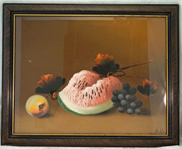 Antique Pastel Still Life by Hobbs Watermelon Grapes &amp; Peach in Original Frame - £159.07 GBP