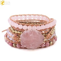 Natural Stone Bracelet Pink Quartz Leather Wrap Bracelets for Women Rose Gems Cr - £26.67 GBP