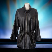 Winlit Leather Tie Waist Jacket Coat M Womens Vtg 90s Black Belt Pockets Zip Up - £66.58 GBP