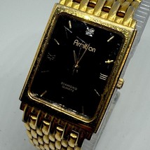 VTG Armitron Quartz Watch Unisex Gold Tone Black Rectangle Diamond New Battery - £21.87 GBP