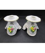 Pair German Dresden Porcelain Candle Stick Holders Pink Yellow Roses [88b] - £97.77 GBP