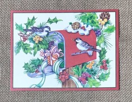 Vintage Angela Ackerman Christmas Card Red Mailbox Holly Berries Birds Gift - $2.97