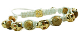 Men&#39;s Womens Gold Skull Bracelet Agate Rhinestone Beaded White Cord - £14.36 GBP