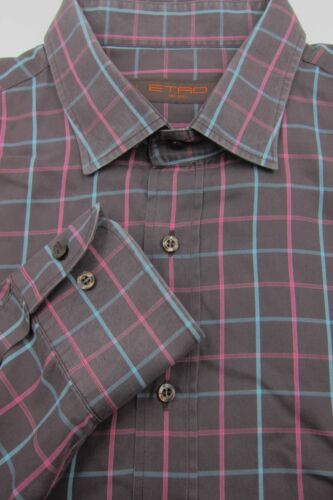 Primary image for GORGEOUS Etro Milano Putty Brown With Pink and Blue Plaid Shirt 45 17x37