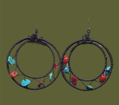 handmade sterling silver turquoise coral dangle hoop earrings - £29.34 GBP