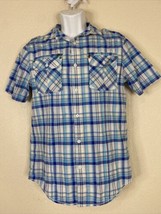Helix Men Size S Blue Plaid Modern Button Up Shirt Short Sleeve Epaulets Pockets - £6.34 GBP