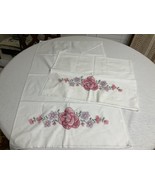 Vintage Pair Handmade Cross-Stitch Embroidery Pillowcases Pink &amp; Purple ... - £19.35 GBP