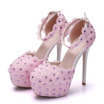 Crystal Qeen White Lace High Heels Platform Round Flower Bride Wedding Shoes Wri - £59.69 GBP