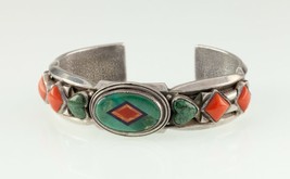 Aldrich Art Studio Turquoise &amp; Coral Inlay Sterling Silver Cuff Bracelet... - £582.53 GBP