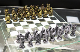 Ebros Silver Gold Fantasy Dungeons And Dragons Resin Chess Pieces Glass Board - £65.76 GBP