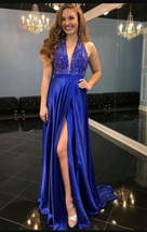 Royal Blue Satin Prom Dress High Slit Beaded Women Evening Dress - £143.47 GBP