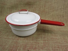 Vintage Enamelware White/Red 1 quart sauce pan w/ lid - £11.37 GBP