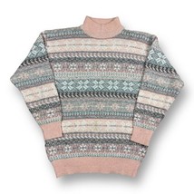 Vintage 90s Pink Fair Isle Snowflake Stripe Turtleneck Sweater Soft Wool Blend - £23.73 GBP