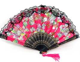 Black Pink Silver Flowers Folding Hand Held Fan Lace Elegant Party Costu... - £10.52 GBP