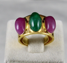 ANTIQUE NATURAL EMERALD RUBY CABOCHON GEMSTONE DIAMOND GOLD PLATED SILVE... - £563.67 GBP