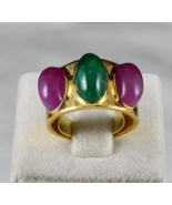 ANTIQUE NATURAL EMERALD RUBY CABOCHON GEMSTONE DIAMOND GOLD PLATED SILVE... - £559.23 GBP