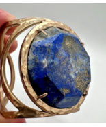 Ann Taylor Bracelet Hammered Gold Tone Cuff Large 2&quot; Lapis Lazuli Gem Cu... - £39.65 GBP