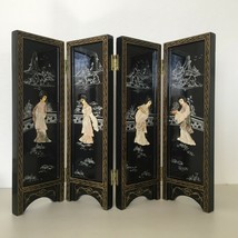 Vintage Chinese Lacquer Table Folding Screen Carved Bone Mother of Pearl Shell - £99.05 GBP