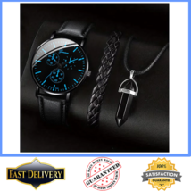 3PCS Men's Business Casual Watch Necklace Bracelet Set Leather Band Quar... - $19.99