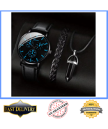 3PCS Men's Business Casual Watch Necklace Bracelet Set Leather Band Quar... - $19.99