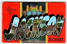 Greetings From Jackson Michigan Large Letter Postcard Linen 1950 Kropp Vintage - £7.10 GBP